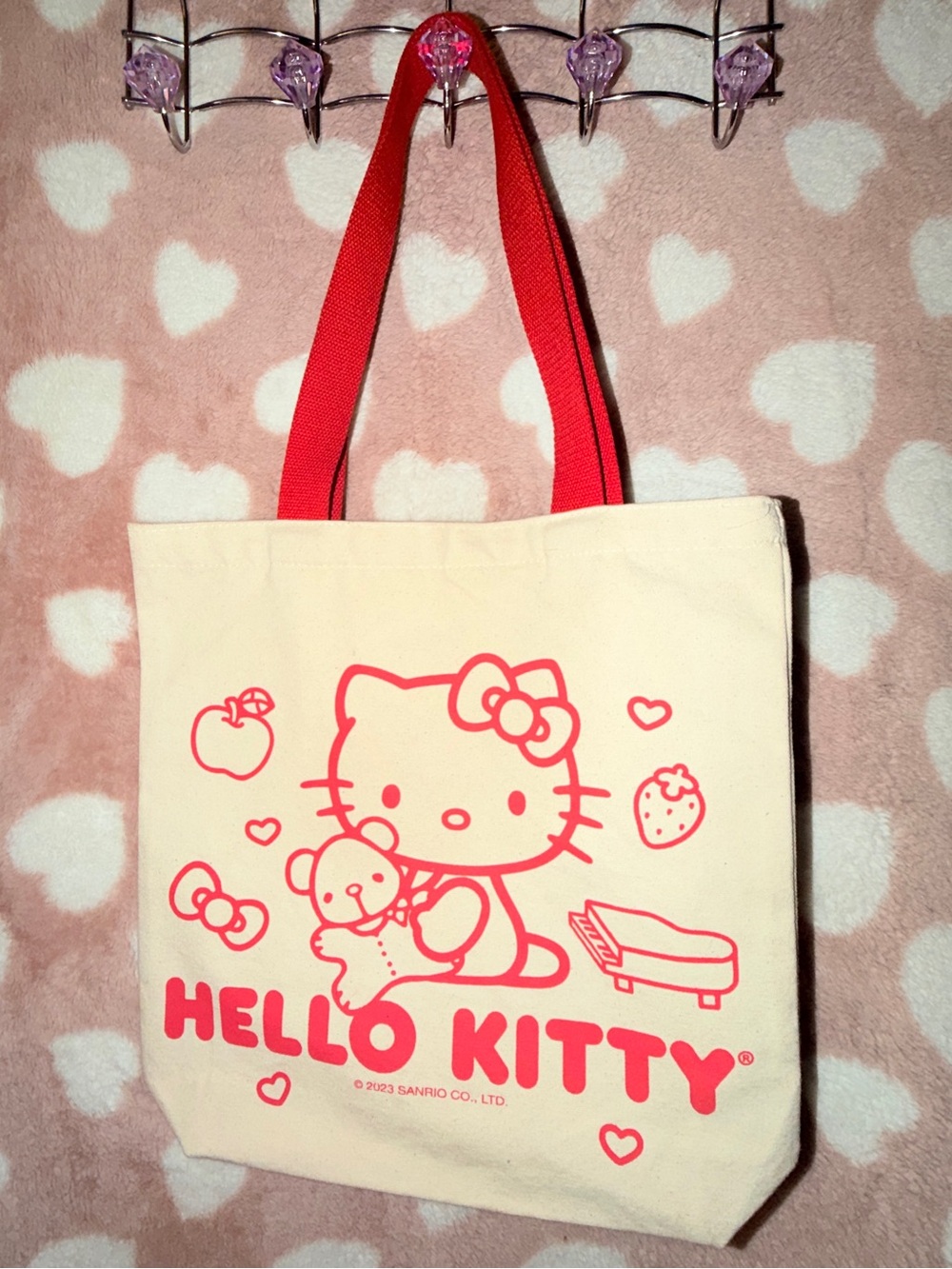 Hello Kitty Cream Canvas Tote with Red Print and Red Handles